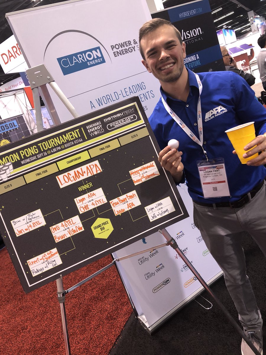 FactorThisMedia's tweet photo. @pant14_logan with @APAlternatives is taking home the win for the #moonpong tournament at #SPIcon Stop by the #dtech2019 #powergen18 Booth 3146 for some beer and more fun!! #solarenvy https://t.co/ghmBOsgGIB