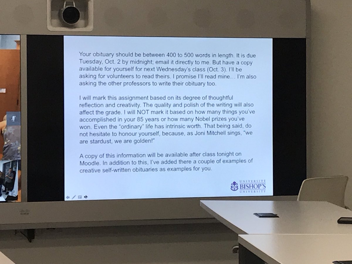 DrJRiddell's tweet photo. Our 1st assignment in the Religion module in #Timecourse: write your own obituary and choose how old you will be, what you will have done, how you want to be remembered, what adjectives your friends would use to describe you, what songs would they play at your funeral. https://t.co/J3jIb2V2Av