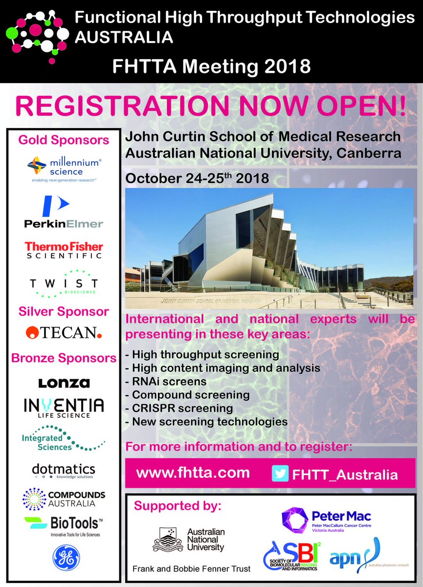 Don't miss <a href="/FHTT_Australia/">FHTT Australia</a> meeting <a href="/ourANU/">ourANU</a> October 24-25! We have a fabulous lineup of national/ international experts discussing screens and image analysis. For more details and to register 👉 fhtta.com