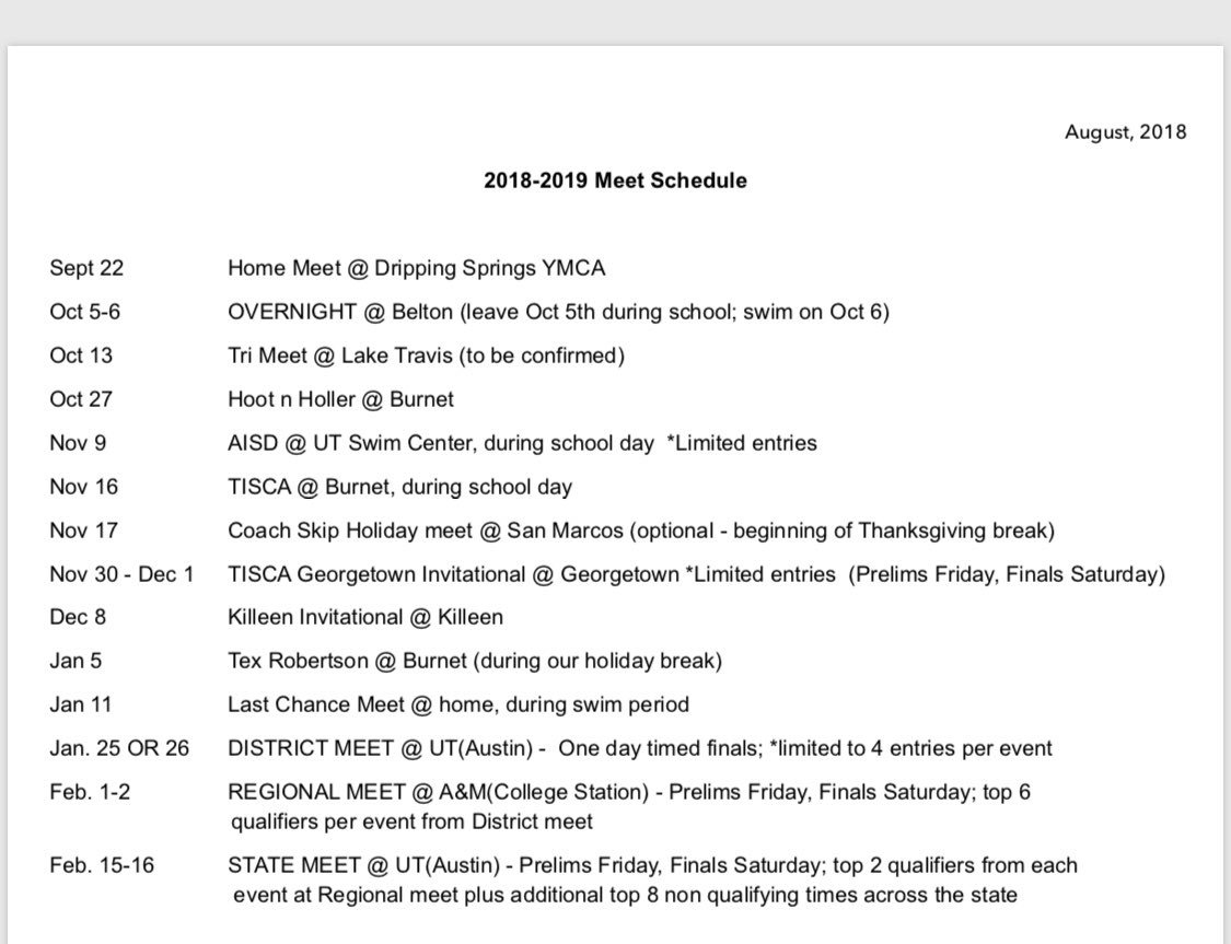 Some of our Tiger fans have expressed an interest in cheering for the swim team at away meets, so here is the schedule for the 2018-2019 UIL Swim Season! See you on deck! #OneTeamOneDream🏊🏻‍♂️🏊🏻‍♀️🐅