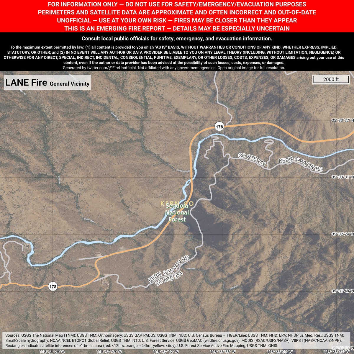 CaliFireBot's tweet image. Unofficial emerging fire report for #LaneFire - details may be especially uncertain.
 ~7mi WSW of Bodfish, California. ~27mi NE of Bakersfield, California. May be incorrect. Consult officials for safety info. Disclaimers in images.
