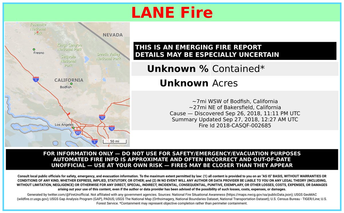 CaliFireBot's tweet image. Unofficial emerging fire report for #LaneFire - details may be especially uncertain.
 ~7mi WSW of Bodfish, California. ~27mi NE of Bakersfield, California. May be incorrect. Consult officials for safety info. Disclaimers in images.