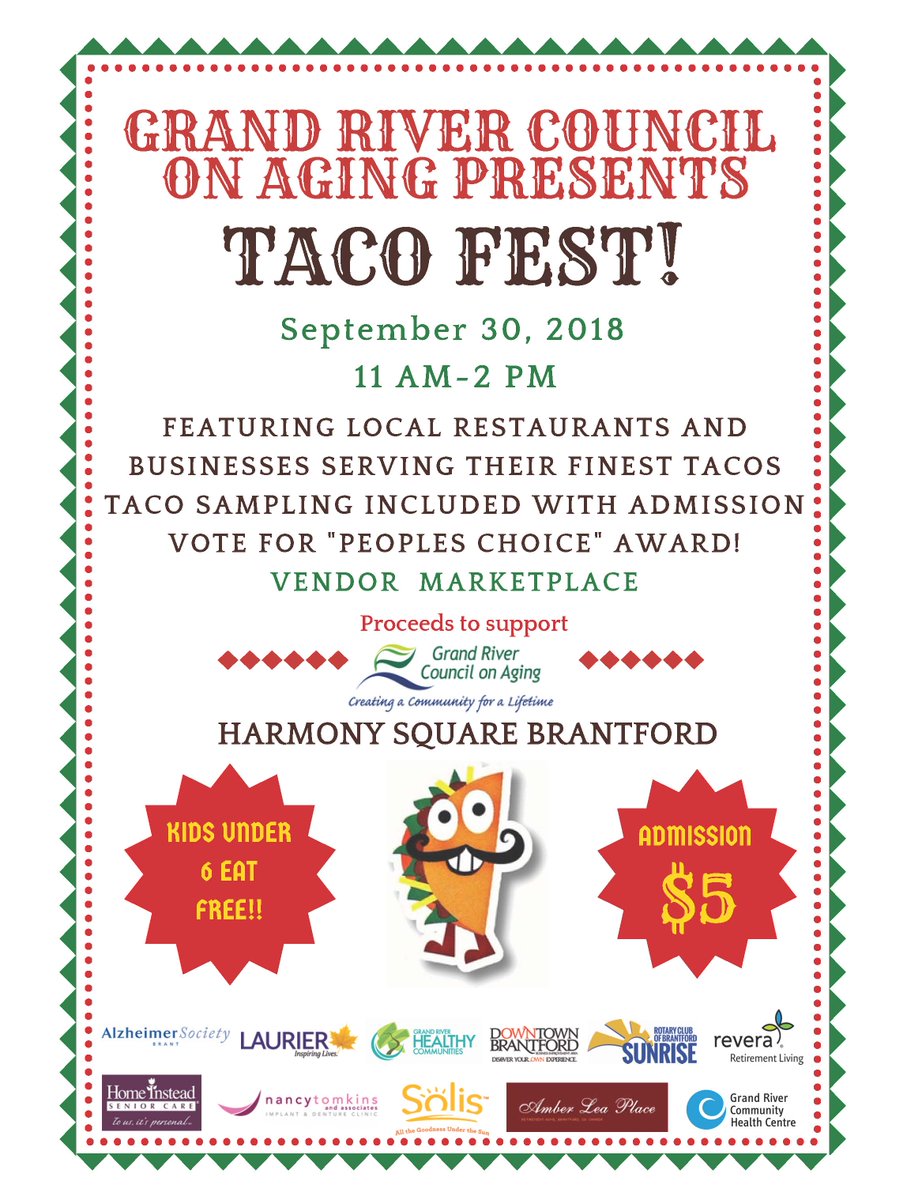 MexiCasa_'s tweet photo. Join us this Sunday, September 30 for Brantford Taco Fest in support of The Grand River Council on Aging!
A great family event &amp; children under 6 eat FREE with adult admission!
#brantfordontario #tacos https://t.co/Ud5pyrQ07Q