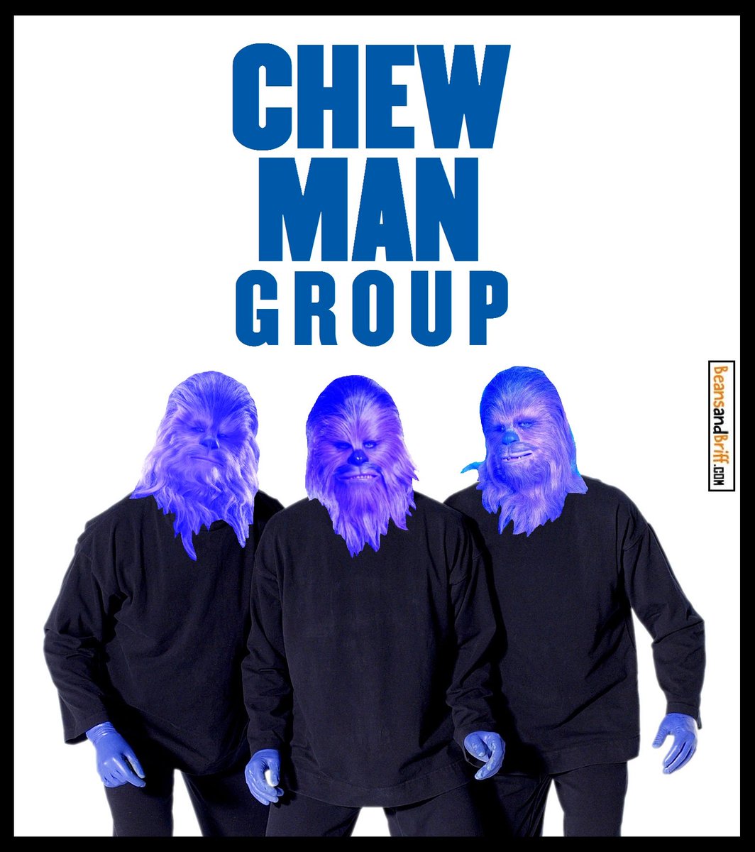 BeansandBriff's tweet photo. Blue Man Group is cool. Chew Man Group is cooler. 🔵🔵🔵 #starwars #chewie #chewbacca #solo #hansolo #skywalker #lukeskywalker #usetheforce #jedi #jediknight #blueman #bluemangrou #memes #humpday #dank #dankmemes #comedy #beansandbriff #remixtheinternet https://t.co/MgsiYN6UJQ