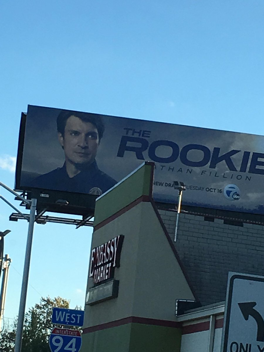 BetsyHavel's tweet photo. Coming off the Expressway exit and see   a larger than life @NathanFillion, hope that handsome mug doesn't cause any accidents. Talk about distracting drivers. https://t.co/AN9Y8aATX2