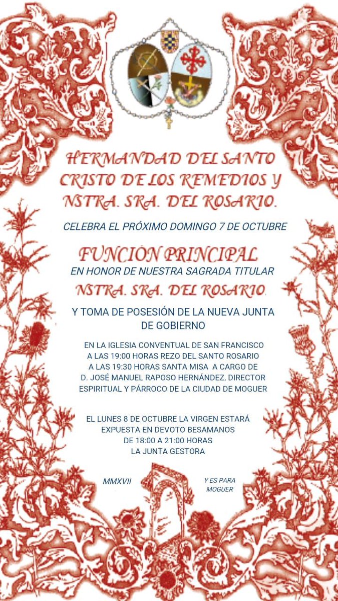 HdadRemediosMog's tweet photo. Función principal de Nuestra Señora del Rosario y toma de posesión de la Nueva Junta de Gobierno | Coincidiendo con la onomástica de nuestra titular y la Función Principal en su honor, la nueva Junta de Gobierno tomará posesión el próximo día 7 de Octubre a la 19:30 horas. https://t.co/9QxsCEDZqg