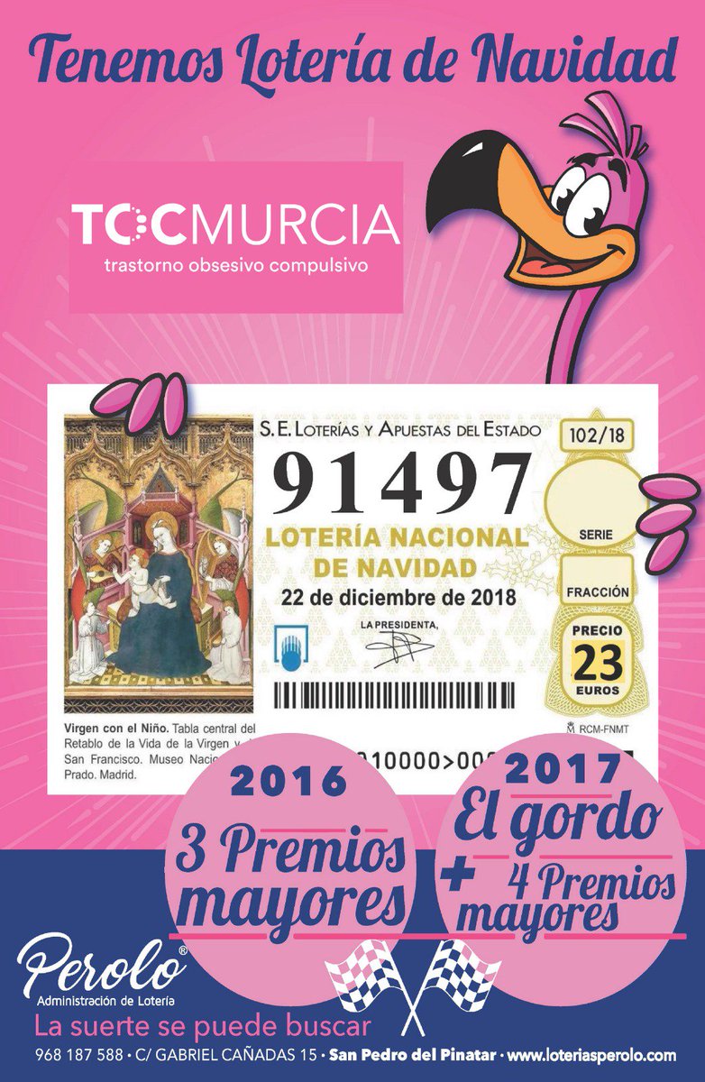 ¡Ya quedan pocos! No olvidéis conseguir el vuestro, y así ayudar a personas con TOC.
¡Regala esperanza!

Consíguelo aquí: loteriasperolo.com/Web_2_0/m/lote…

Más información: tocmurcia.com

#TOCmurcia #LoteríaDeNavidad #TOC
#RegalaEsperanza