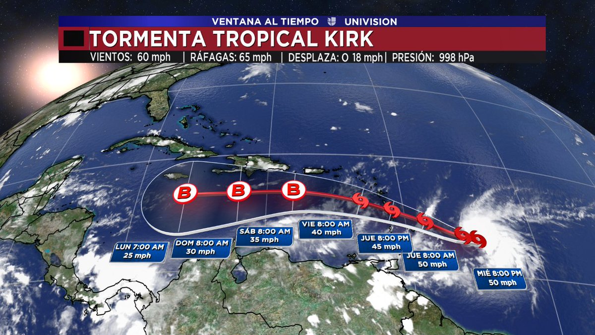 Albert Martinez A Twitter Kirk Vuelve A Ser Una Tormenta Tropical Camino De Las Antillas Menores Donde Llegara Esta Proxima Noche Puerto Rico Podria Recibir Sus Efectos Con Algunas Lluvias Y Algo