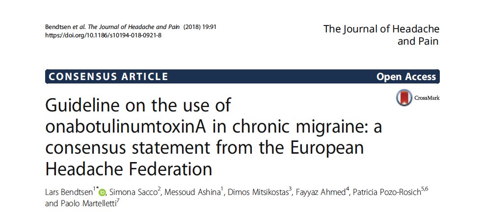 Just published the @EHF_Official #ConsensusStatement on the use of #OnabotulinumtoxinA in #ChronicMigraine. #TheJournalOfHeadacheAndPain bit.ly/2Q52vQ6