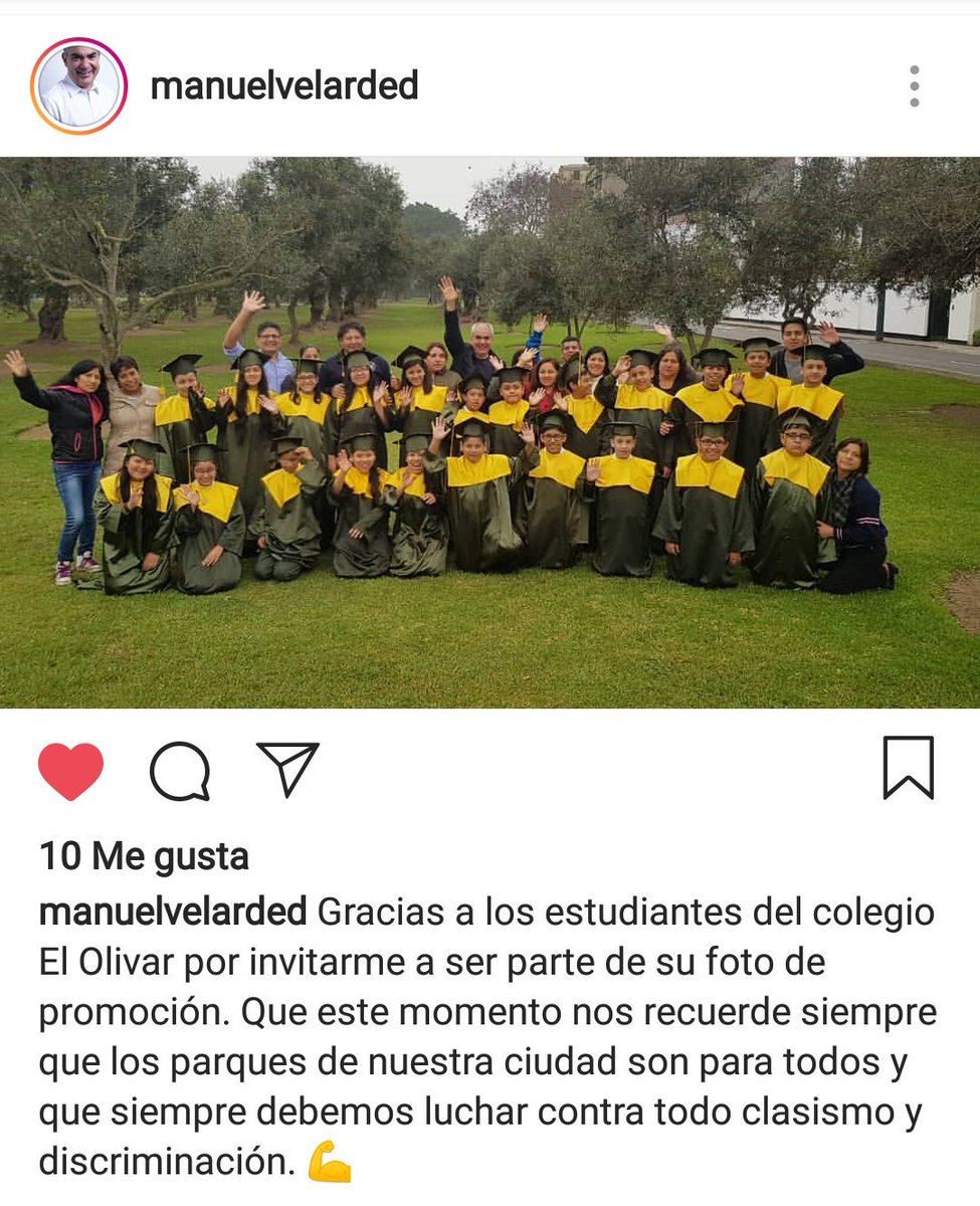 taqueron's tweet photo. Vecina de El Olivar impide, con argumentos racistas, que una promoción de colegio nacional se tome fotos. El alcalde que siempre sostuvo que los #EspaciosPúblicos les pertenecen a todos, apoya a los niños. Ergo, lo invitan para la foto que al final sí se hizo 😀❤️ https://t.co/FSdgMcrtld