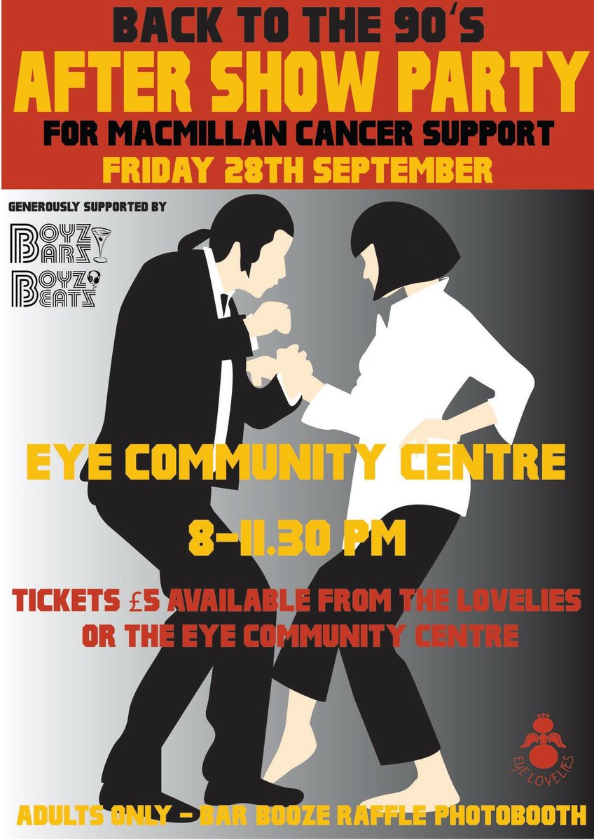 EyeLovelies's tweet photo. 90’s theme coffee morning 9.30-2.30 and 90’s disco 8-11.30 this Friday at Manor Farm Community Centre, Eye. All in aid of @macmillancancer Lots of 90’s fun for such a great charity. Hope to see lots of you there! https://t.co/BcbIZYDqRC