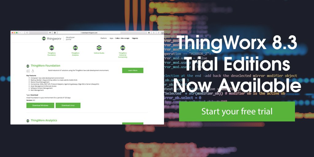 ThingWorx's tweet image. Take the latest version of ThingWorx for a test drive. You can download a trial version of ThingWorx 8.3 to install in your own environment, or take advantage of our free 30-day hosting ptc.co/s0oP30lZayc #TWXDev #IoT #IoTDev