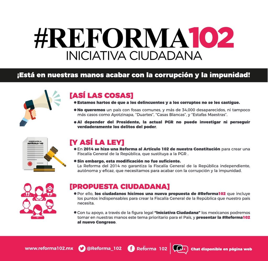 Es tiempo de poner un alto a la corrupción y a la impunidad. Con #Reforma102 hacemos una propuesta de Reforma al artículo 102 constitucional para contar con la Fiscalía General que necesitamos si queremos que las cosas cambien, y cambien para bien. Suma tu #FirmaPoderosa.