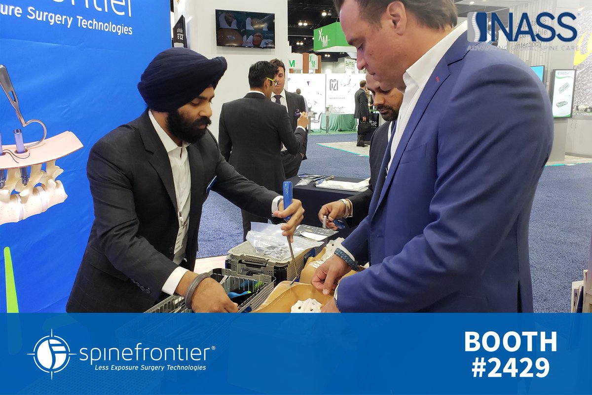 SpineFrontier's tweet photo. Day one of #NASS2018 is under way and we're diving head first into product demos &amp; discussion, sending big thanks to collaborators like @anagnost_spine for stopping by booth #2429 to explore #LessExposureSurgery technology with us. #NASS #NASS18 #orthopedics #spine #kicventures https://t.co/HPPVpQgQQT