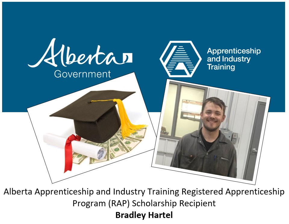 GPPSDoffcampus's tweet photo. Join me in congratulating Bradley Hartel on receiving a Registered Apprenticeship Program (RAP) Scholarship by the Alberta Apprenticeship and Industry Training Board.  Bradley was a Heavy Equipment Tech. last year, has now graduated and will be attending 1st  year training soon. https://t.co/9FY4oIYUuJ