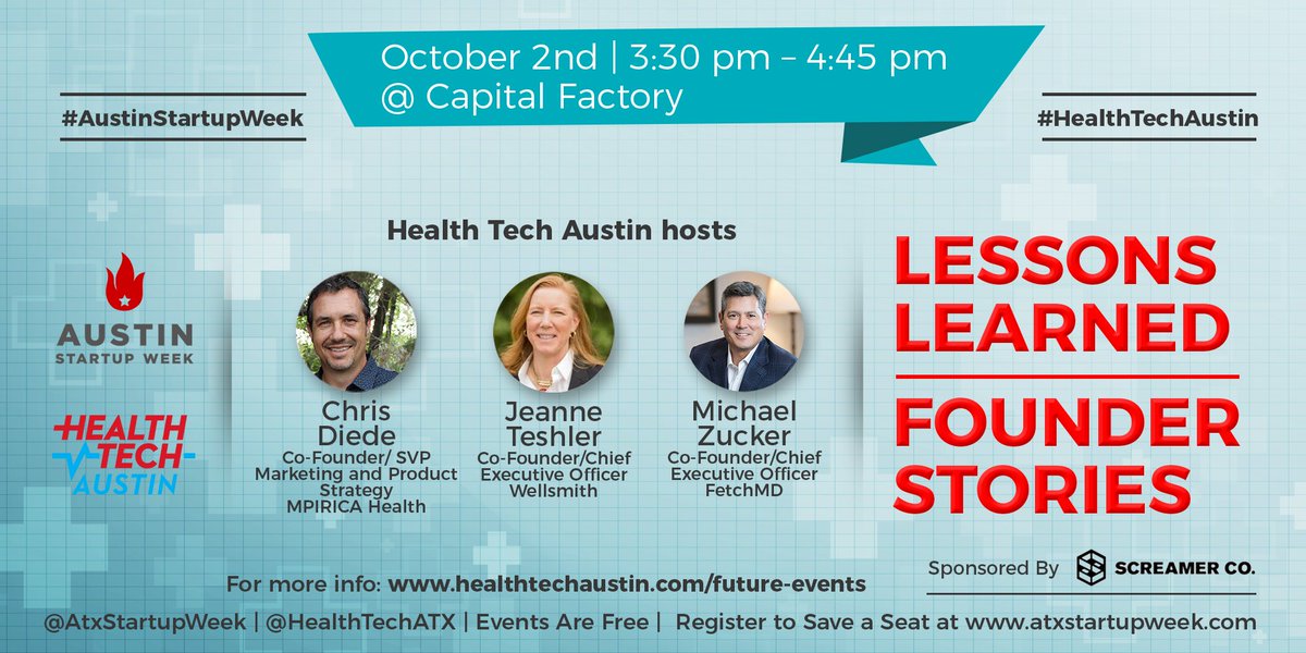 HealthTechATX's tweet image. What a Great Lineup of Health Tech Founders, Sharing "Lessons Learned" On October 2nd during @AtxStartupWeek | Michael Zucker @FetchMD Jeanne Teshler @WellsmithHealth @ChrisDiede @mpiricahealth - Reserve a Seat Today at atxstartupweek.com #FounderStories @CapitalFactory