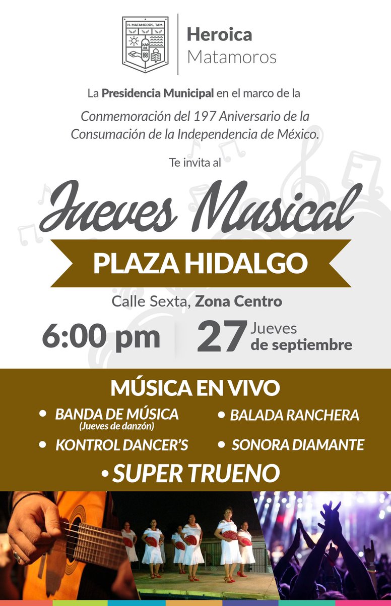 Mañana, a partir de las 6 de la tarde, celebraremos la consumación de la #Independencia de #México; disfrutemos de nuestras tradiciones, con el “Jueves de danzón” y la música del talento matamorense ¡Ven y diviértete con tu familia!