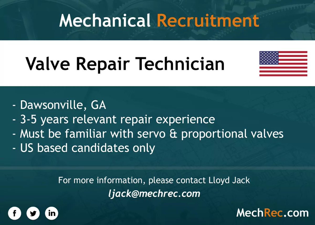 mechrec's tweet photo. HIRING NOW

Our client, a leader in robotics and automation repair, is looking to hire a Servo/Proportional Valve Repair Technician in Dawsonville, GA.

If you are interested in applying for this position, please contact Lloyd Jack: ljack@mechrec.com https://t.co/G9i03owCF9