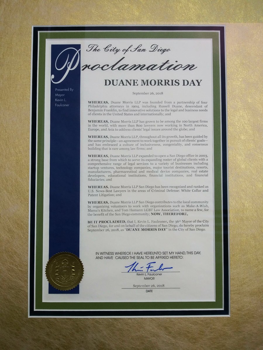 DuaneMorrisLLP's tweet image. We couldn&apos;t be more proud to celebrate our 15th year in #AmericasFinestCity - Thank you City of #SanDiego and @SDMayorsOffice for proclaiming today @DuaneMorrisLLP Day!.