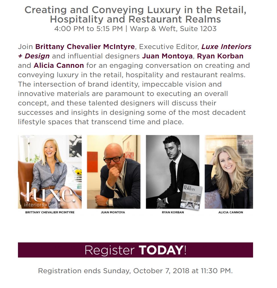 AJCDESIGN's tweet image. Join us Wednesday October 10th at the @DandDBuilding Principal Alicia Cannon will be among other designers chatting about Creating &amp;amp; Conveying Luxury in the Retail,Hospitality and Restaurant World!
#interiordesign #Hospitality #luxury #retail #restaurant 
eventbrite.com/e/ddb-fall-mar…
