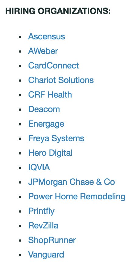 Technical_ly's tweet photo. No tech jobs near you? Doubt it. See the companies that are hiring right now at #networkburbs18: https://t.co/CFEgt6z4HG  @AscensusInc @AWeberSupport @CardConnect @ChariotSolution @DeacomInc @TeamEnergage @HeroDigitalHQ @IQVIA_global @jpmorgan @printfly @RevZilla @ShopRunner +++ https://t.co/3Cb0d4dWRz