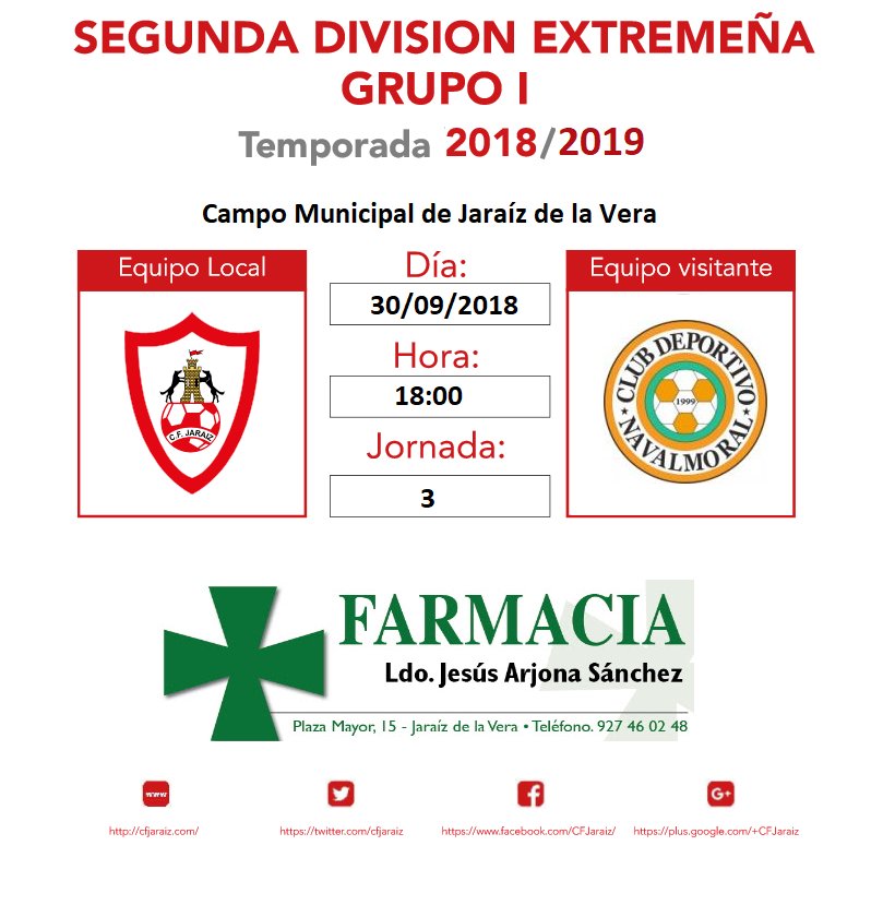 cfjaraiz's tweet photo. Agenda deportiva Club de Fútbol Jaraíz 

🏆 Tercera Jornada de la Segunda División Extremeña | Grupo I
📆 Domingo 30/09/2018
🕗 18:00 Horas
🏟️ Campo Municipal de Jaraíz de la Vera 
🆚 @cfjaraiz vs @CDNAVALMORAL

#prendavenalfutbol #pimentoneros #todoalrojo https://t.co/TxjZyMj00i