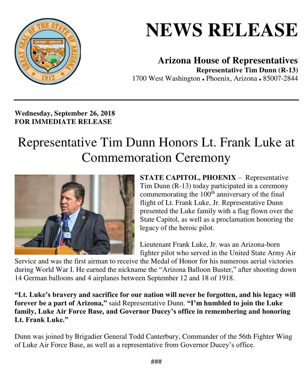 AZHouseGOP's tweet photo. Representative Tim Dunn Honors Lt. Frank Luke at Commemoration Ceremony. #AZLeg #Luke100 https://t.co/vTUNbwZ7P4