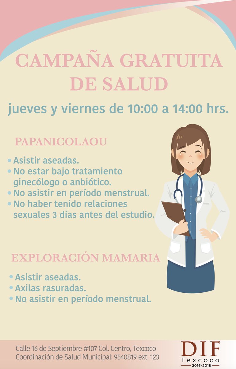 DIFTexcoco's tweet photo. El jueves 27 y viernes 28 de septiembre contaremos con papanicolaou y exploración mamaria completamente gratis. https://t.co/uoqWdwsmXH