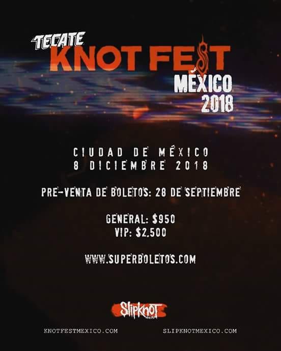 Slipknot696's tweet photo. Ha sido confirmada una nueva edición del Knotfest en México.
#TecateKnotFestMexico2018 #festEVIL 
PREVENTA Viernes 28 de Septiembre 
Boleto General $950 / VIP $2,500 https://t.co/c0oiY3FHHP