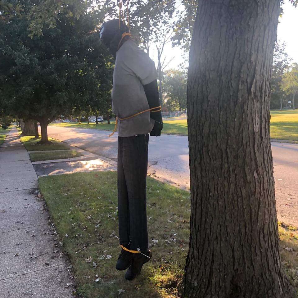 _SJPeace_'s tweet photo. This is outrageous! 

This is hanging in a neighborhood in Lansing. Heshima mace, a black woman saw a neighbor hang this in their yard. She contacted the Lansing Police Department but they refuse to make her neighbor take it down so she posted this to social media.

RETWEET THIS! https://t.co/tg9jNY2qEd