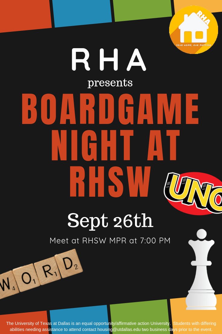 Come by to RHSW MPR for board game night!!! Take a few minutes to relax from exams and socialize! Hope to see you there! #utd #rha