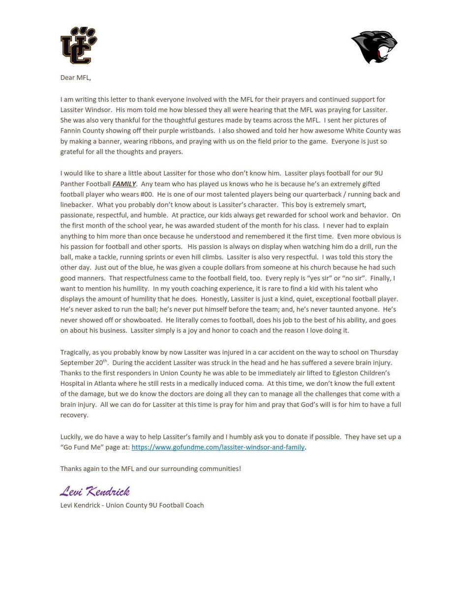 MFL Family, Please read this letter sent to us by Levi Kendrick. Levi is the 9U Coach for Union County and coach of Lassiter Windsor. Please feel free to share and consider donating to the Go Fund me account set up for Lassiter.