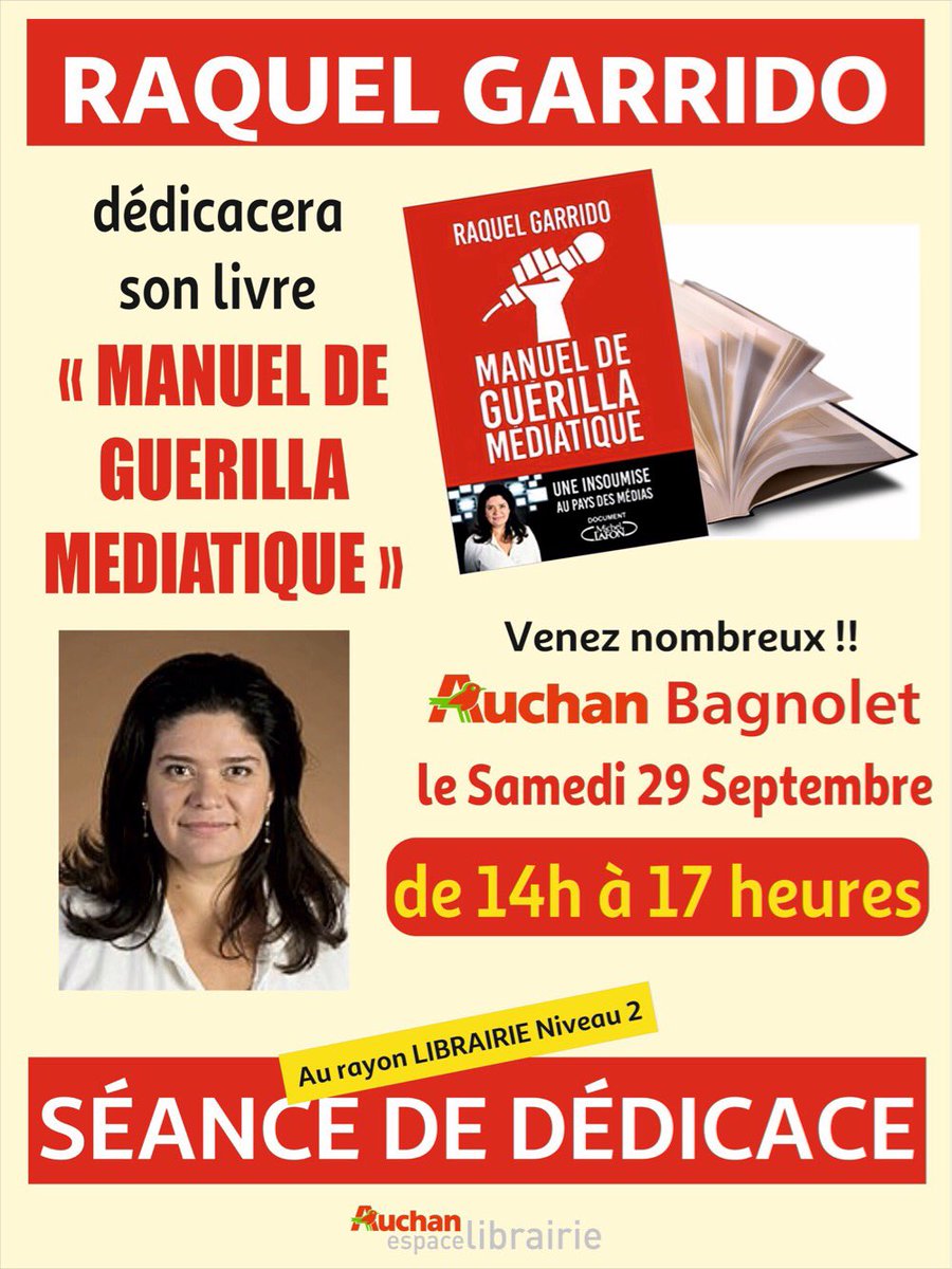 RaquelGarridoFr's tweet photo. Contrairement à Eric Zemmour je ne ferai pas ma première dédicace dans une librairie d’extrême-droite mais dans un hypermarché de Bagnolet, en Seine-Saint-Denis, un samedi après-midi. Venez ! https://t.co/e27MymoLIM