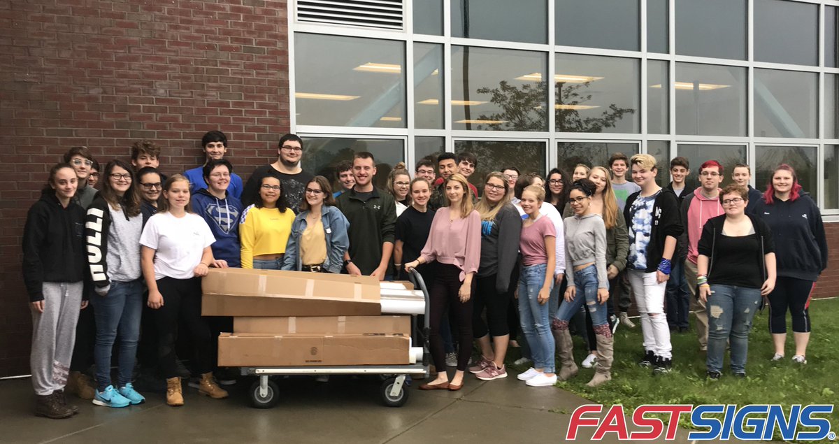 FASTSIGNS sales person Shelby at her alma mater <a href="/BayPathRVTHS/">Bay Path RVTHS</a> with a donation of materials for the students.  Next up, a visit to our center for the students to see all the action!