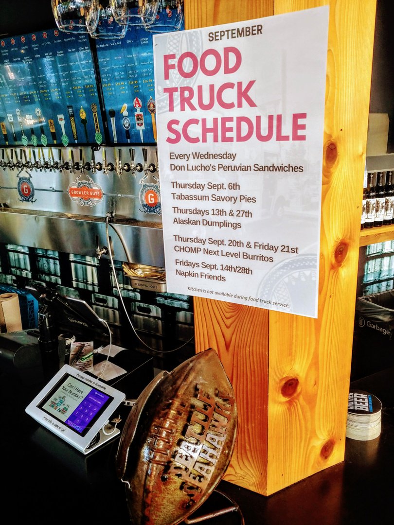 #FoodTruck Lineup!
🚚 <a href="/DonLuchos/">Don Lucho's</a> #amazing Peruvian street food. Wed 5-9 PM
🚚 <a href="/AlaskanDumpling/">Alaskan Dumplings</a> #addictive Russian-style dumplings. Thurs 5-9 PM 
🚚 <a href="/napkinfriends/">Napkin Friends</a> #awesome latke-press sandwiches. Fri 5-9 PM 
🌭 And don't forget our $4.99 #Oktoberfest Sausage Special.