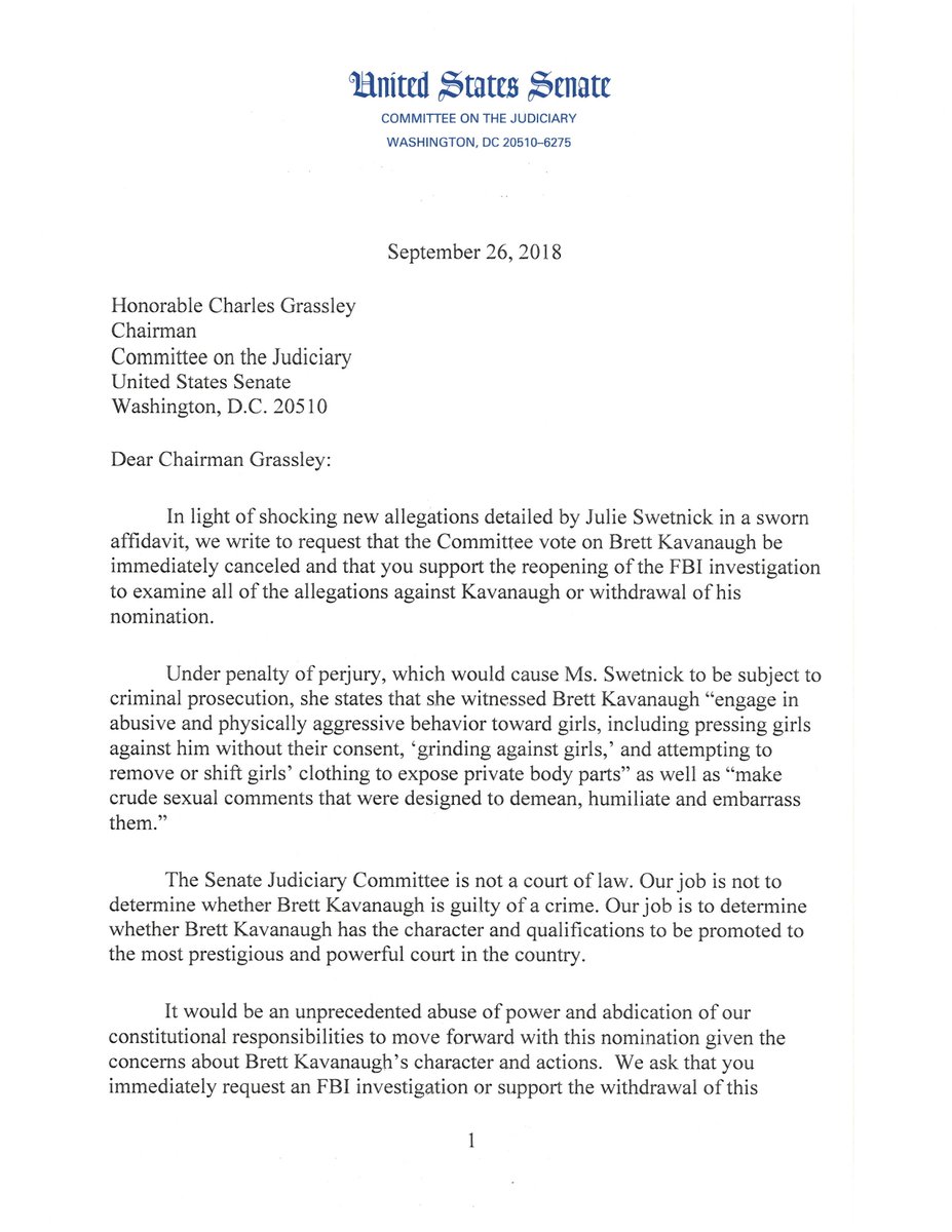 SenFeinstein's tweet image. NEW: @JudiciaryDems urge Chairman Grassley to postpone tomorrow’s hearing and support an FBI investigation into ALL allegations.