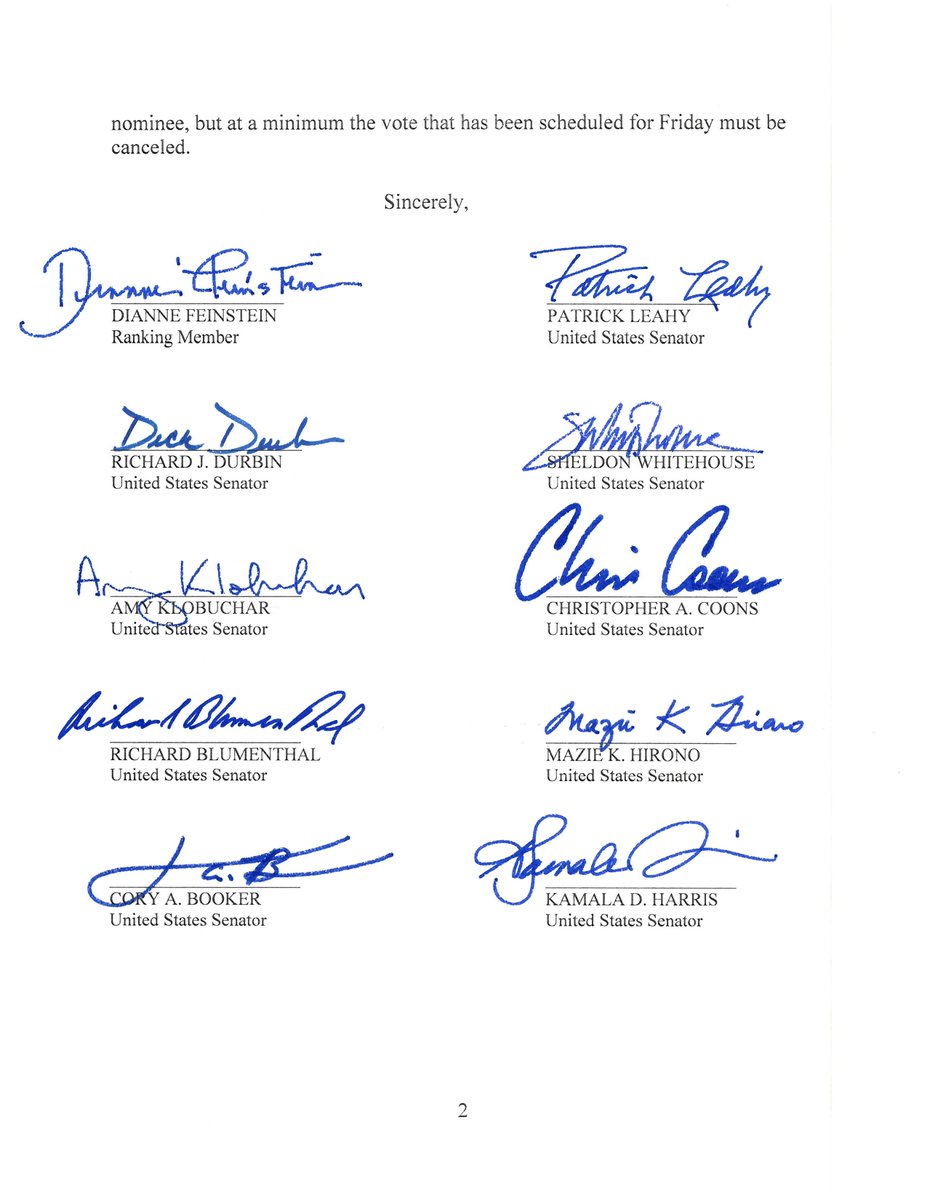 SenFeinstein's tweet image. NEW: @JudiciaryDems urge Chairman Grassley to postpone tomorrow’s hearing and support an FBI investigation into ALL allegations.