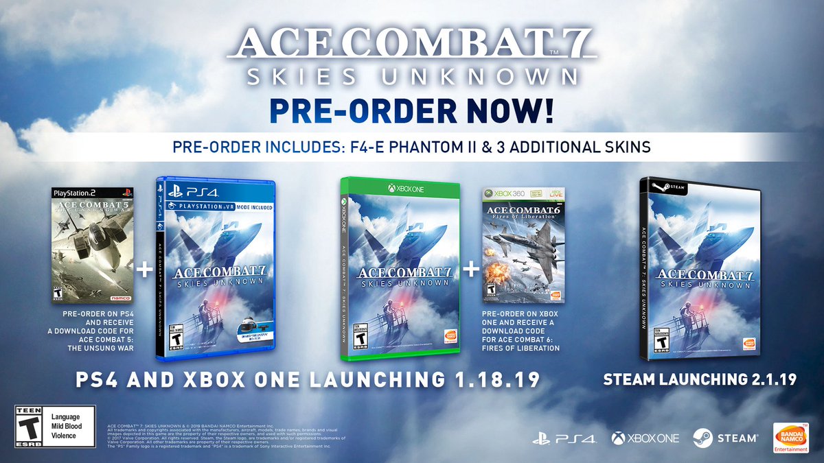 Bandai Namco US on "Clear the runway, we've got exclusive pre-order bonuses for #AceCombat7: Skies Unknown! Receive Ace Combat 5 with your PS4 pre-order or Ace Combat 6 with your Xbox