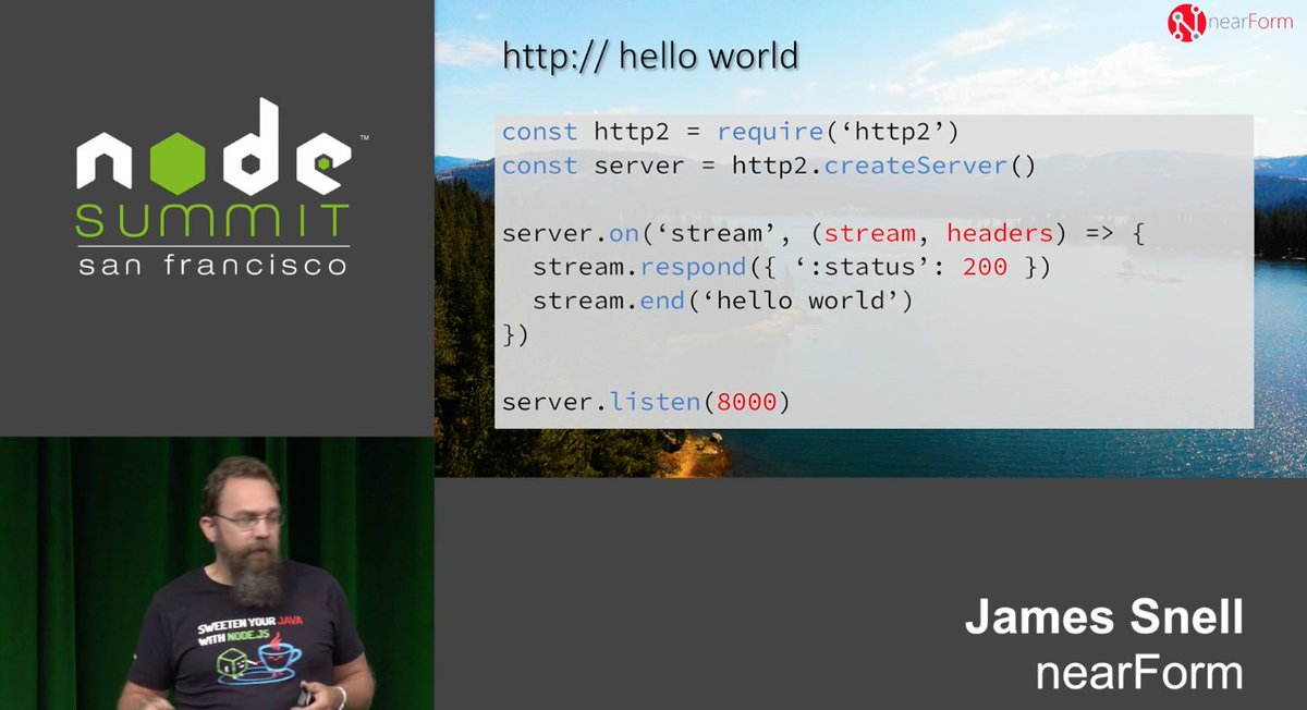 nearform's tweet photo. [Node Summit 2018] – HTTP/2 in #Nodejs Core - @jasnell #NodeSummit

🎥 https://t.co/B30XmZsWeE https://t.co/gedPMAbNs2
