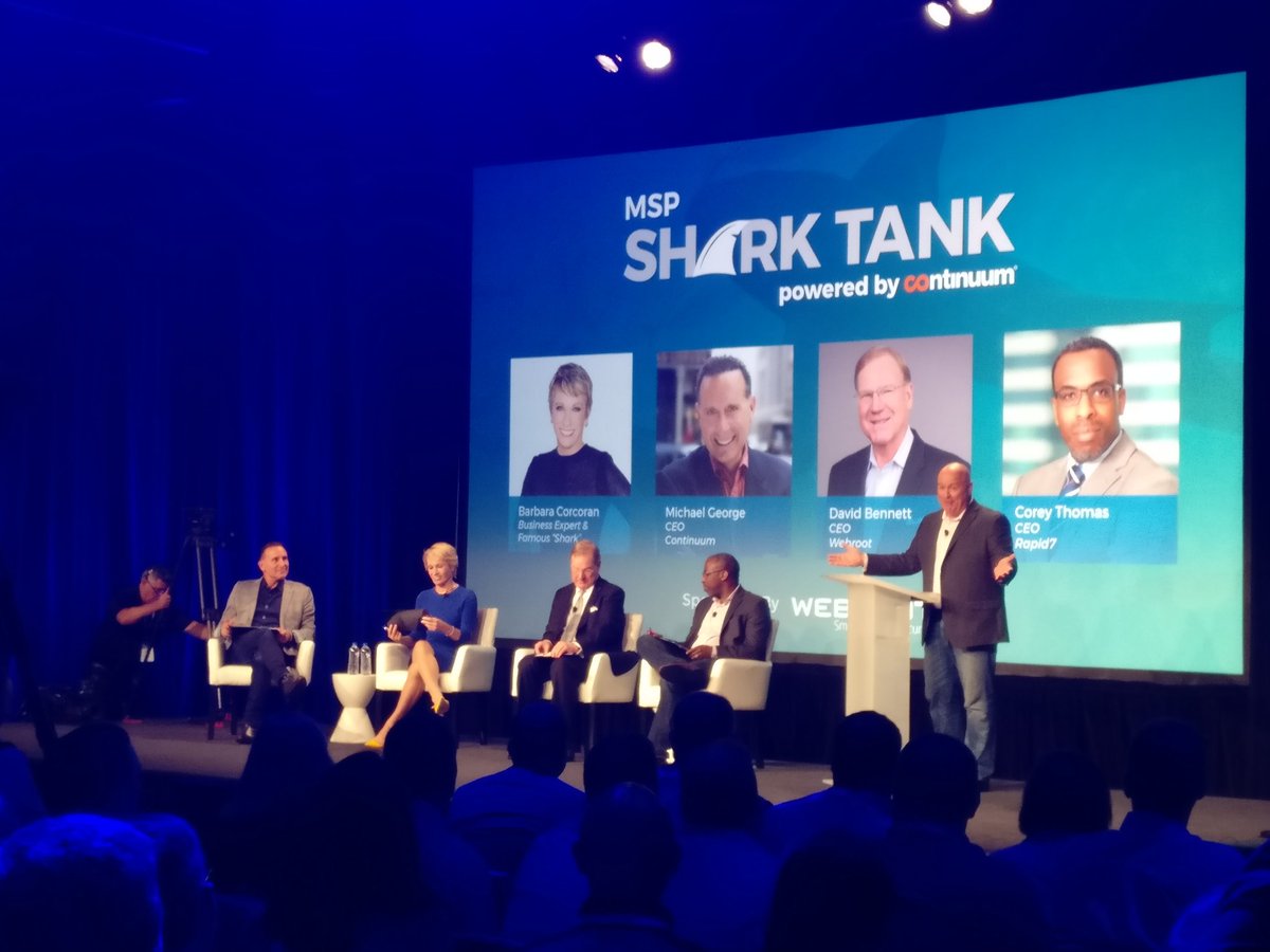 tubblog's tweet photo. It's MSP Shark Tank time! @BobKocis of @FollowContinuum hosting Managed Service Providers who will pitch their security solution to @michaelggeorge @BarbaraCorcoran Corey Thomas of @rapid7 and @MikePottsCEO of @Webroot with the winner receiving $15000! #nav18 https://t.co/DbD5KxAyRs