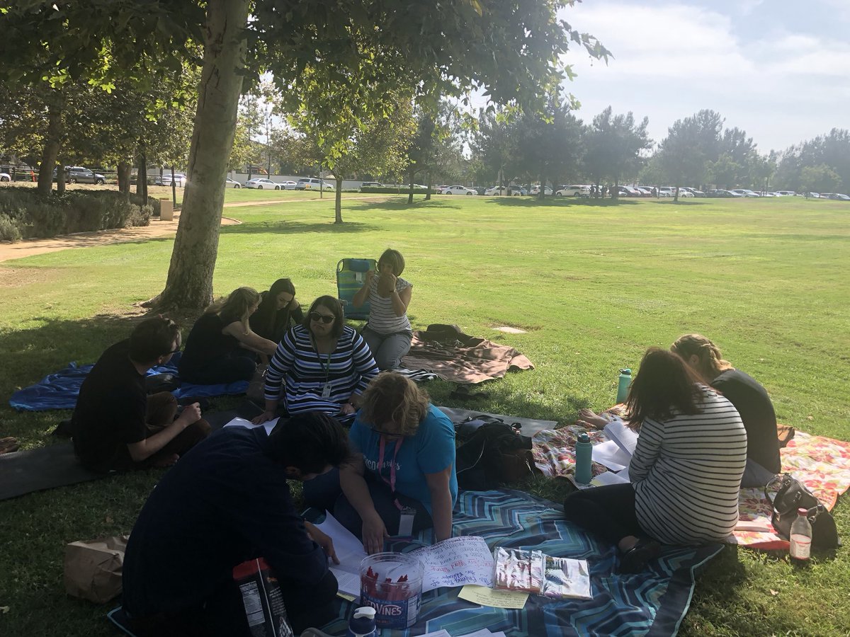 kristinhartloff's tweet photo. Brought our yoga mats and blankets out to the park for our first #tusdmusic Leadership Institute. Studying #LCInnovation and using #collaborativestructure 6 Word Story for the role of the evolving educator @TUSDMusic @katiemartinedu https://t.co/5Y2XspHJuT