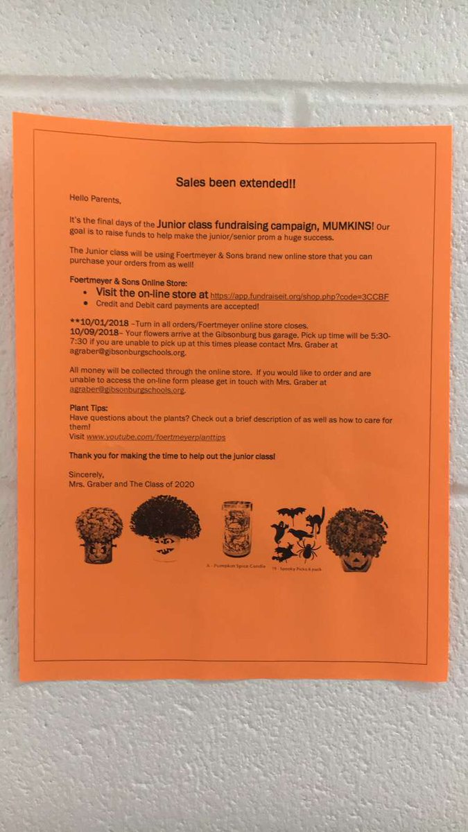 GburgXc's tweet photo. The Gibsonburg High School Junior class are selling Mumkins! The fundraiser is to help pay for this school years prom. Sale goes on from today until October 1st! You can order your Mumkin at https://t.co/1IdsyIMZD4 https://t.co/YlGHCffsVh