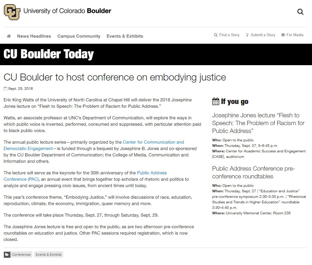 cu_cde's tweet photo. #PAC2018 is featured in @cuboulder today! The conference starts tomorrow with roundtable discussions on "Education and Justice" and "Rhetorical Studies and Trends in Education" as well as our keynote lecture by @EricKingWatts2. Both are open to the public. #Boulder #SocialJustice https://t.co/td4GbKTX5U