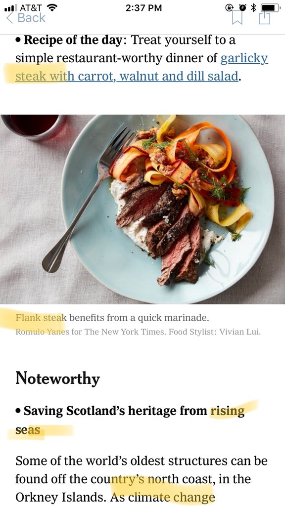 jsrobinson1's tweet photo. I think @nytclimate and @nytimes cooking have an opp to better collaborate. Too many features of #steak and other #beef recipes that are major contributors to #climate change. Here’s my screenshot from today’s daily brief w/ the two next to each other. https://t.co/Lv7pKyCmPs