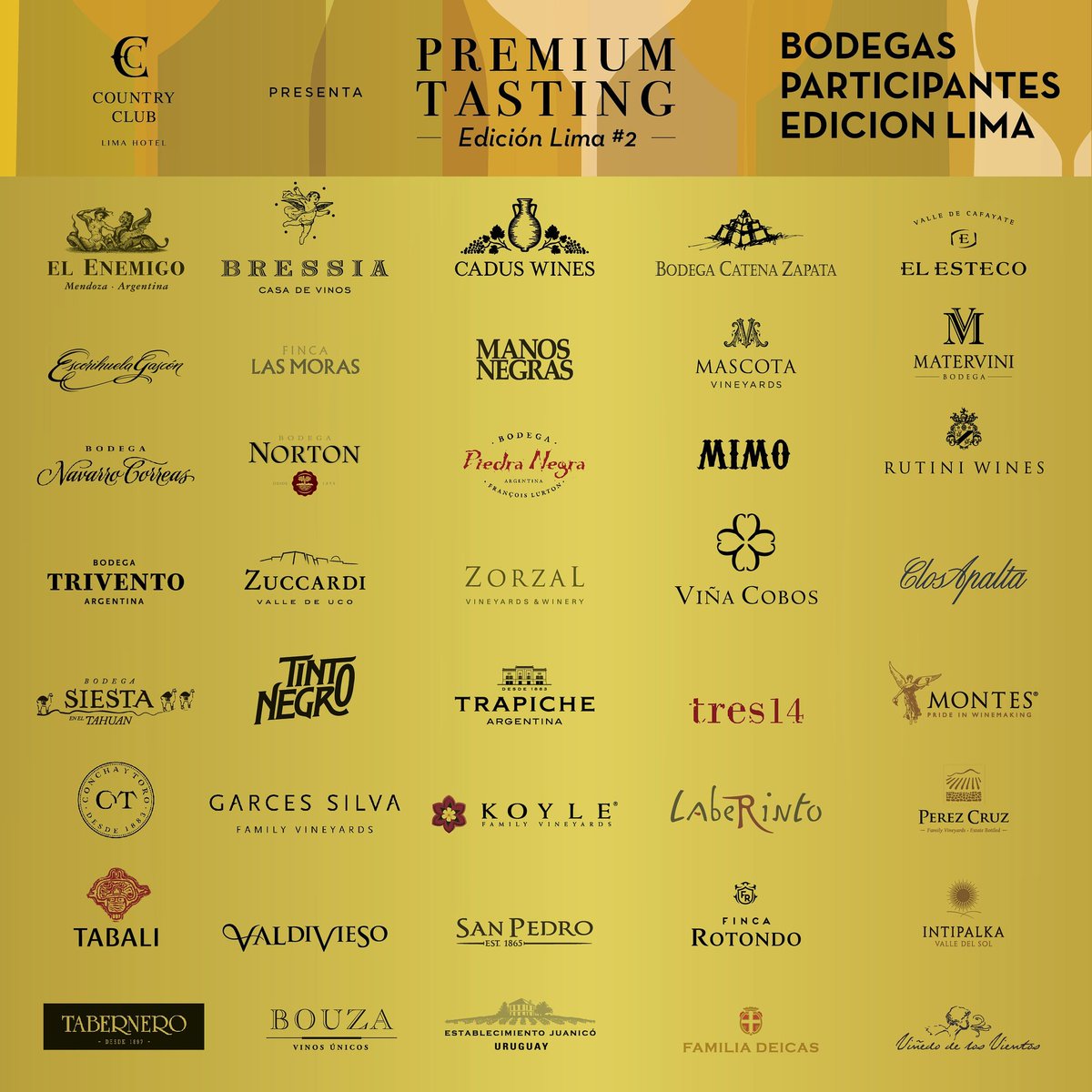 Se viene, se viene! la 2da edición de <a href="/PremiumTasting/">Premium Tasting</a> #Lima 🇵🇪 con todas estas Viñas y Bodegas! Los esperamos el 9 de octubre en el Country Club Hotel junto a <a href="/pazlevinson/">paz levinson</a> y <a href="/patricioatapia/">Patricio tapia</a> para disfrutar de los mejores vinos de Sudamérica! No se la pierdan! 🍷🍷