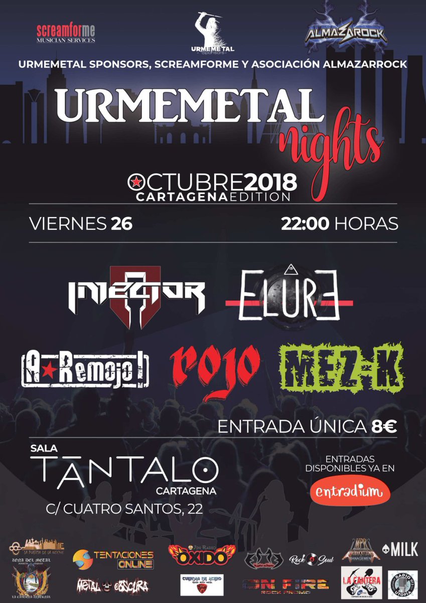 almazarock's tweet photo. Esta noche una gran noticia Almazarock❗❗ se una a una bonita iniciativa de Urmemetal y Screamforme en su lucha por las bandas emergentes! Después de su edición en Madrid la noche Urmemetal llega a Cartagena de la mano de… https://t.co/8yJFoUo9s1 https://t.co/uYpVVHJu5k