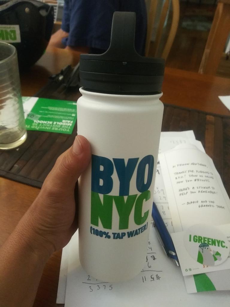 MakeQueensSafer's tweet photo. Wow! The New @greenyc water bottle is amazing. Got it free for pledging to #byonyc . tThis Will get gallons of use!! https://t.co/5RD1AiCg4w