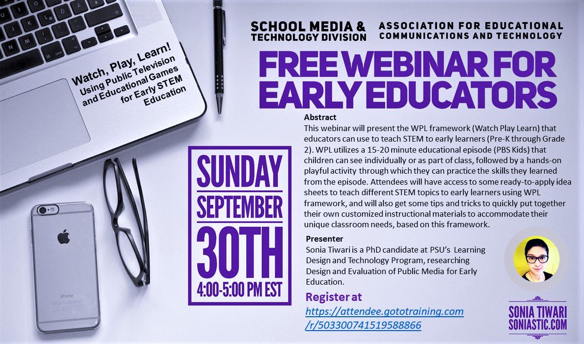 khuett's tweet photo. Join AECT-SMT Division for our upcoming webinar:  <<<Watch, Play, Learn! Using Public Television and Educational Games for Early STEM Education by Sonia Tiwari>>> 

Sunday, September 30, 4-5pm (EST)
Register: https://t.co/Fp7MGnwpge 
Details: https://t.co/EkPYYrCM8M  #aect https://t.co/IC5dchAB6X
