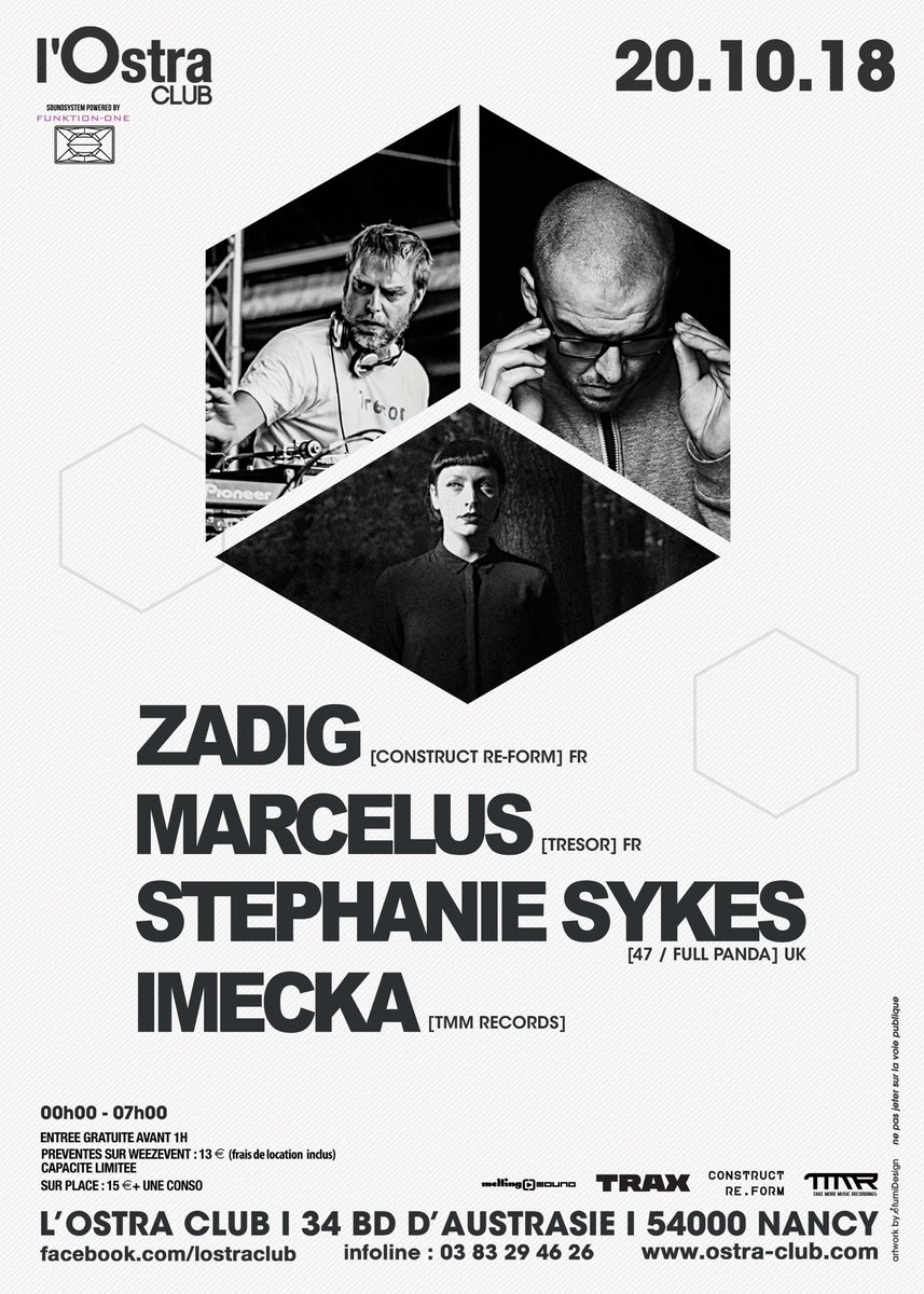 LOstraClub's tweet photo. SAVE THE DATE 🔥▪️SAM 20 OCT▪️STEPHANIE SYKES [47 / FULL PANDA_UK] -ZADIG [Construct Re-Form] MARCELUS [Tresor / Singular] ▪️200 Préventes #marcelus #tresorrecords #ostraclub #funktionone #underground #nancyville #constructreform #47records #zadig https://t.co/7X7405z43m