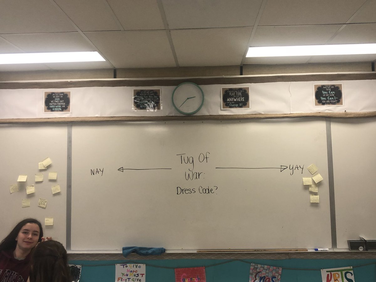 misshacksclass's tweet photo. Did an interactive “tug of war” today. Majority disagree with having a dress code, however both sides raised some valid points. What are your thoughts?? #learningtogether #engagedcitizens https://t.co/DrMHmIZ1xK